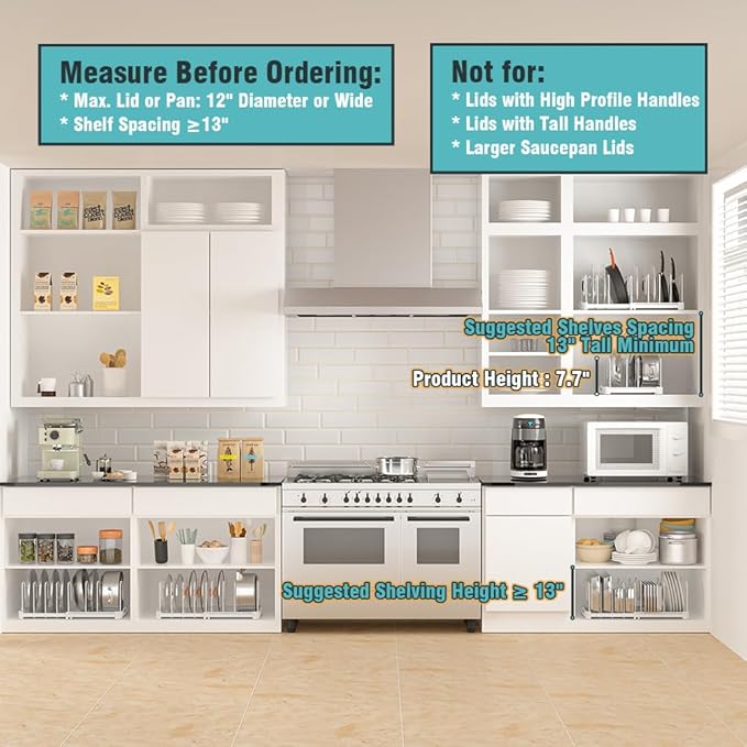 EVERIE Adjustable Bakeware Organizer Pot Lid Holder Rack for Pots, Cake Molds, Cutting Boards, Mats, Cookware, GS02SS, 7.7'' Deep by 12.6'' to 21.5'' Wide