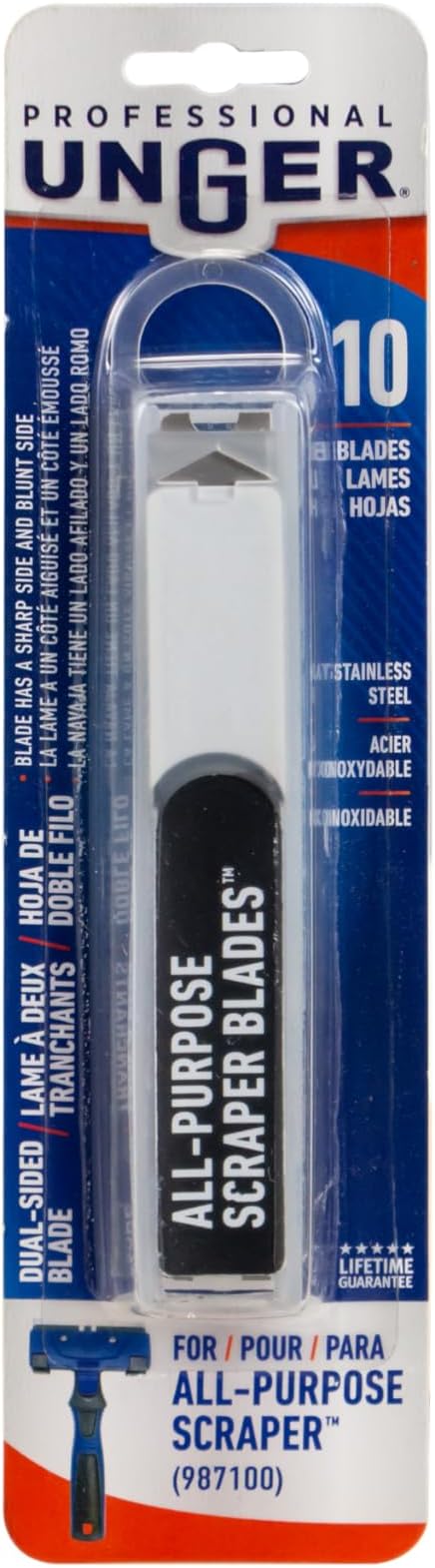 Unger 12” Professional All-Purpose Scraper Replacement Blades, 10 Pack, Dual-Sided Adhesive Cleaning Supplies for Windows, Glass, Floors, Paint, Stickers, Gum Removal