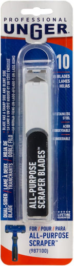 Unger 12” Professional All-Purpose Scraper Replacement Blades, 10 Pack, Dual-Sided Adhesive Cleaning Supplies for Windows, Glass, Floors, Paint, Stickers, Gum Removal