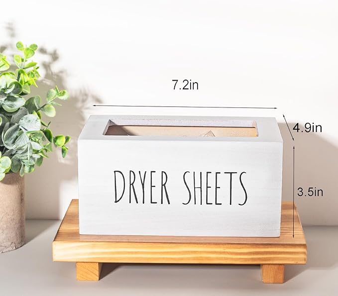 zoocatia Laundry Room Decor Dryer Sheet Container Wood Detergent Dispenser Organization and Storage Box Holder for Laundry Pods, Dryer Balls, White
