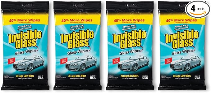 Invisible Glass 90161-4PK Large Glass Cleaning Wipes for Streak-Free Windows, Mirrors, and Glass, Lint-Free, Ammonia-Free, Tint-Safe, for Home and Auto, Flat Pack, 28 Wipes, Pack of 4