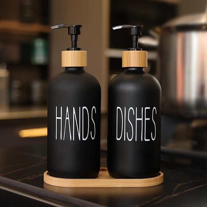 Matte Black Glass Soap Dispenser Set Hand and Dish Soap Dispensers Suitable for Rustic Kitchen Decor (Black)