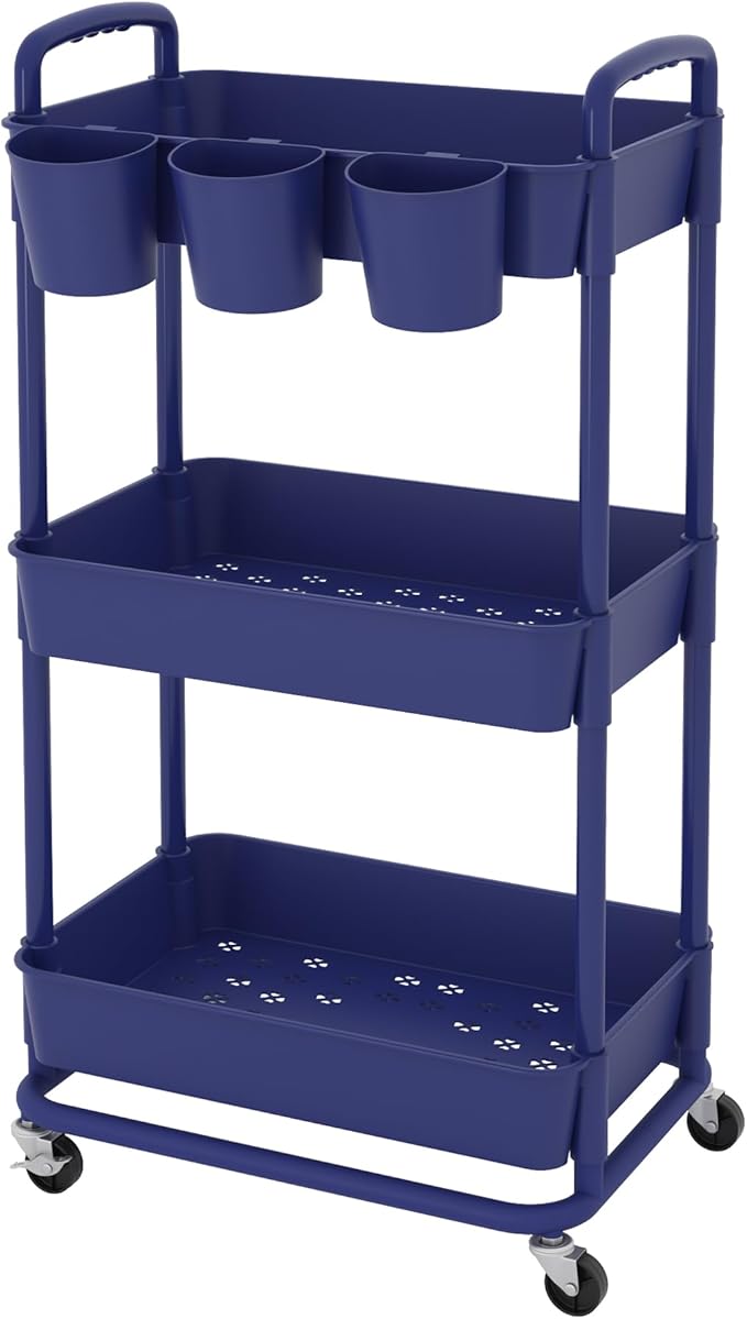 JIUYOTREE 3-Tier Plastic Rolling Storage Cart Utility Cart with Extra Hanging Cups Handles Lockable Wheels for Living Room Bathroom Kitchen Office Blue
