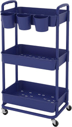 JIUYOTREE 3-Tier Plastic Rolling Storage Cart Utility Cart with Extra Hanging Cups Handles Lockable Wheels for Living Room Bathroom Kitchen Office Blue