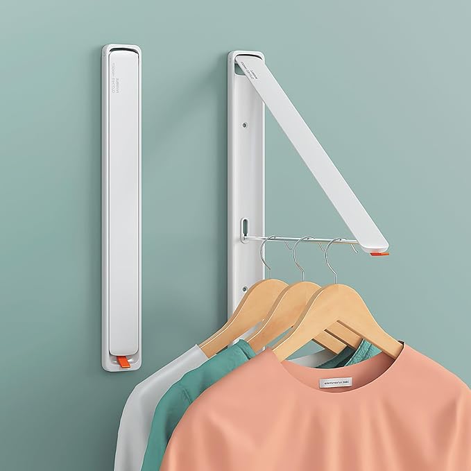 Wall-Mounted Retractable Clothes Drying Rack | White Extending Laundry Hanging Rack | Hidden and Space-Saving | Wall Mount Dryer Hanger Rack for Laundry Room, Closet (2-Pack, White)