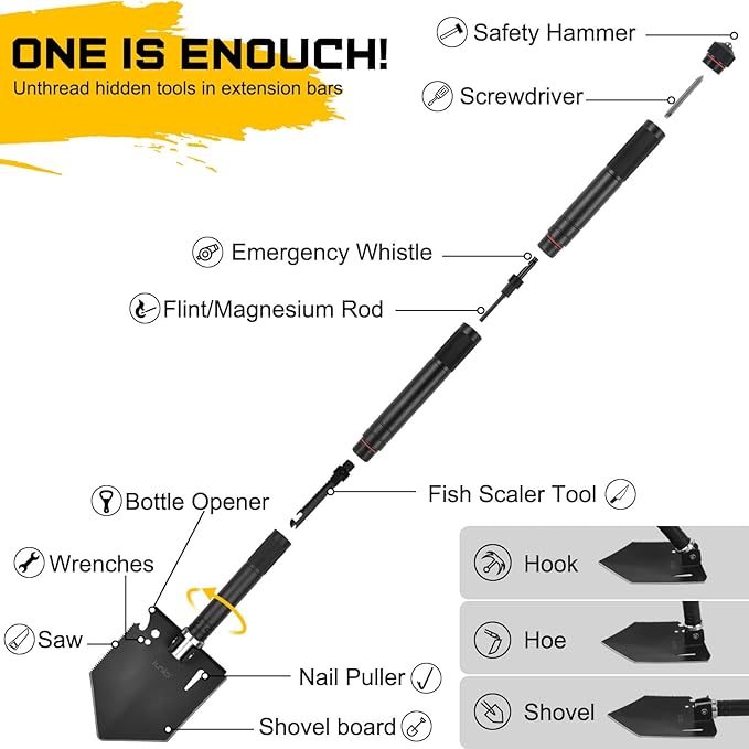 iunio Camping Shovel,Shovel Folding, Portable, Multitool, Foldable Entrenching Tool, Collapsible Spade, for Backpacking, Trenching, Hiking, Survival, Car Emergency