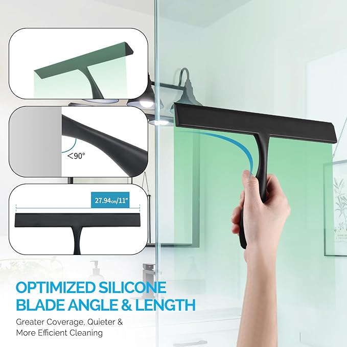 FY&XZH Never Rust Silicone Shower Squeegee for Glass Doors with Hook, Bathroom Cleaner Tool, Household Window and Mirror Squeegee, Ergonomic Thick Handle Squeegee for Shower Glass, 11-Inch (Black)