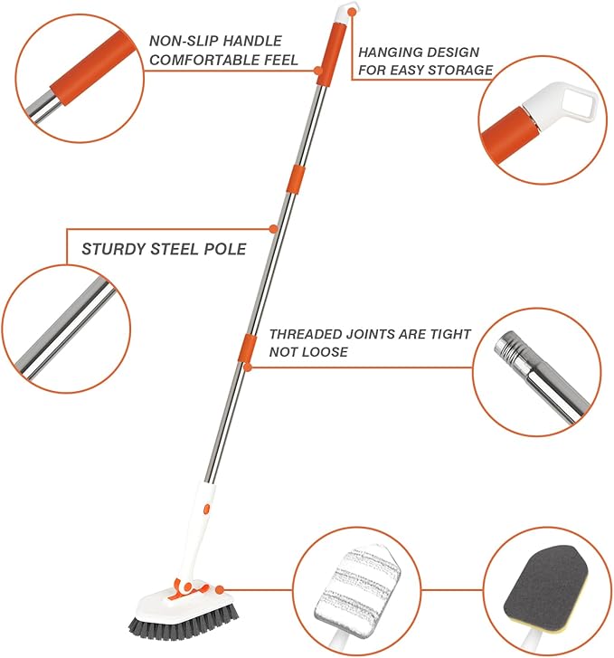 Shower Cleaner Brush, 3-in-1 Tile Tub Scrubber Brush with 51" Adjustable Long Handle, 3 Different Function Cleaning Heads, Scrub Brush for Bathroom, Kitchen, Walls, Bathtub, Sink