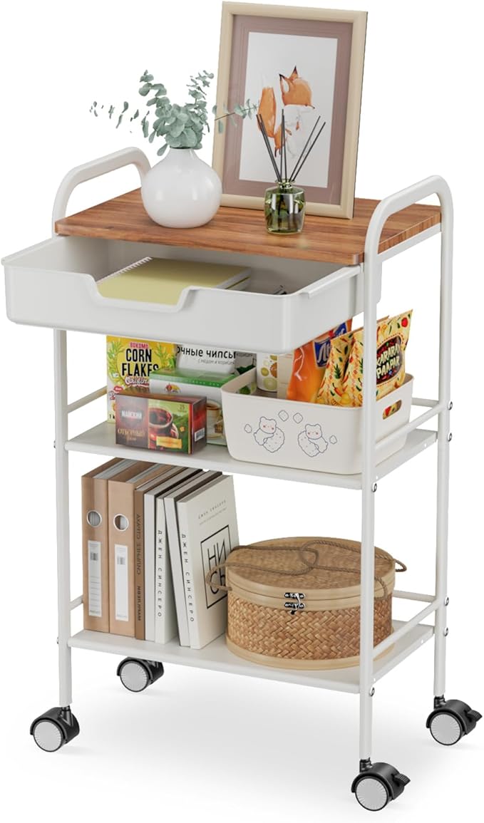 3 Tier Rolling Cart with Drawer, Metal Rolling Storage Cart with Table Top, Modern Utility Cart on Wheels Kitchen Cart Storage Organizer for Bathroom Office Living Room, White