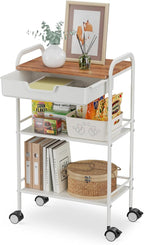 3 Tier Rolling Cart with Drawer, Metal Rolling Storage Cart with Table Top, Modern Utility Cart on Wheels Kitchen Cart Storage Organizer for Bathroom Office Living Room, White
