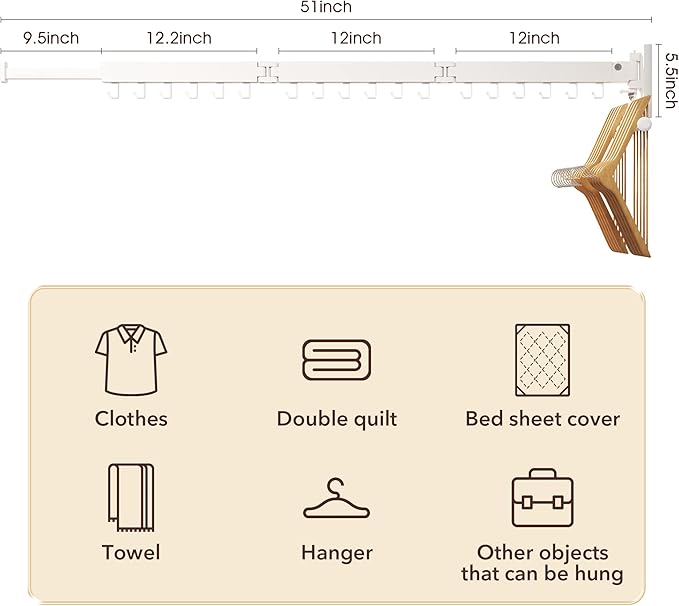 Clothes Drying Rack,Laundry Drying Rack Wall Mount, Wall Mounted Clothes Rack,Retractable,Collapsible(Tri-Fold),Drying Rack Clothing,can Fold Upward & Left & Right,Space Saver, White Color