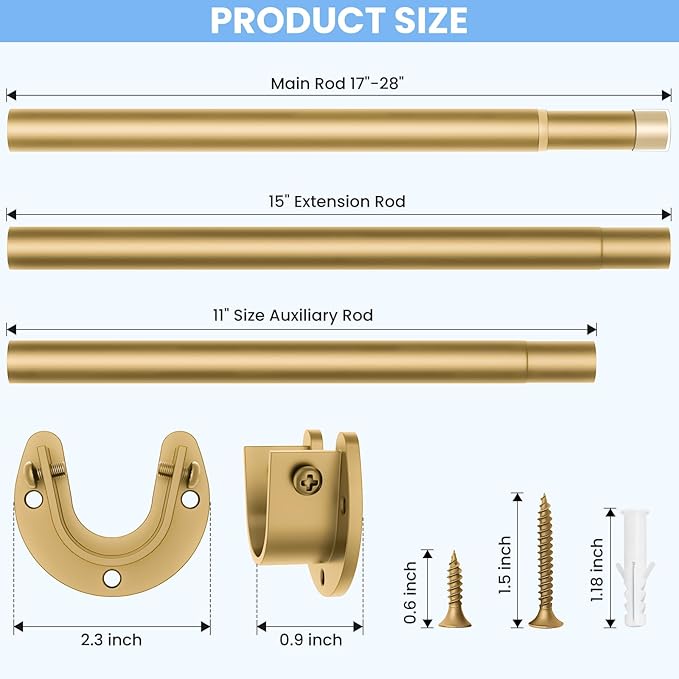 Closet Rods for Hanging Clothes, 17 to 54 Inch Heavy Duty Stepless Adjustable Closet Hanging Rod, 1.3 Inch Diameter Metal Closet Rod for Wardrobes Laundry Bedroom RV, Gold
