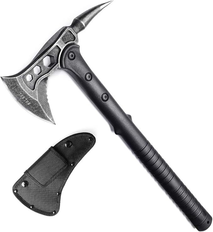 JXE JXO Camping Axe, Tomahawk with Spike, Survival Hatchet with Sheath, Nylon Fiber Handle for Outdoor Survival Hiking Camping （14.5 inch）