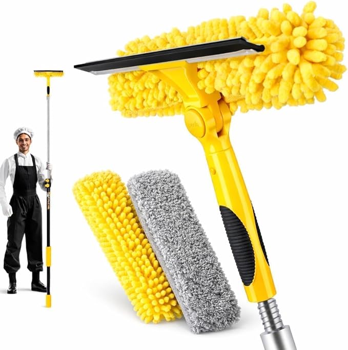 18FT High Reach Window Squeegee with Extension Pole, 2 in 1 Window Washing Kit with 3-Stage Telescopic Pole & Rotatable Head, No-Ladder Window Cleaner for High Window, Solar Panel, RV & Outdoor Glass
