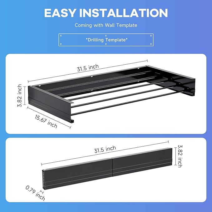 APEXCHASER Wall Mounted Clothes Drying Rack, Foldable Wall Mount Laundry Rack Folding Indoor, Drying Rack Clothing Collapsible, Hidden Space Saver with Wall Template, 5 Rods, Black