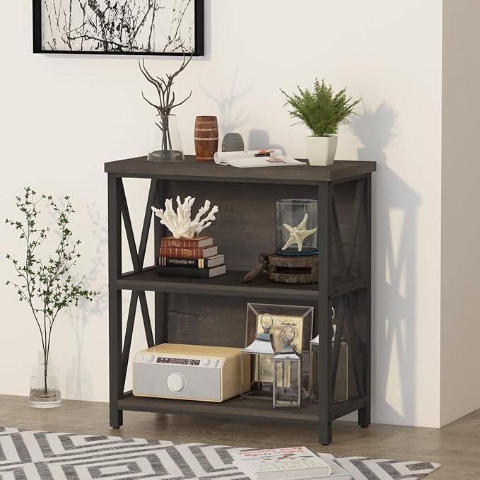 FATORRI Rustic Small 3 Shelf Bookshelf for Living Room, Industrial Low Wood Bookcase, Farmhouse Short Book Shelf for Small Space (Walnut Brown)
