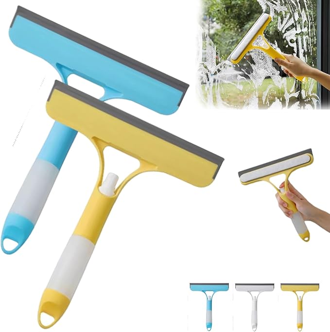 3 in 1 Window Cleaning Scraper, 2025 New Multi-Function Glass Cleaner Squeegee Tool for Shower Glass, Tile, Mirror Cleaning, All-Purpose Spray Function Brush with Ergonomic Handle (2pcs-B)