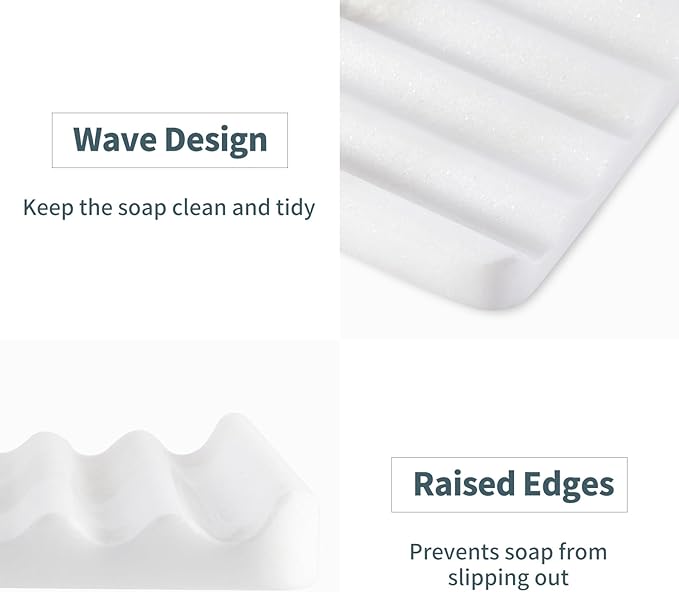 2PCS Koville African Natural Marble Soap Dish for Shower, Stone Soap Tray for Bathroom, Bar Soap Holder for Sink, Stripe Grooves Saver Keep Bars Dry Easy Clean (Namib Bianco)