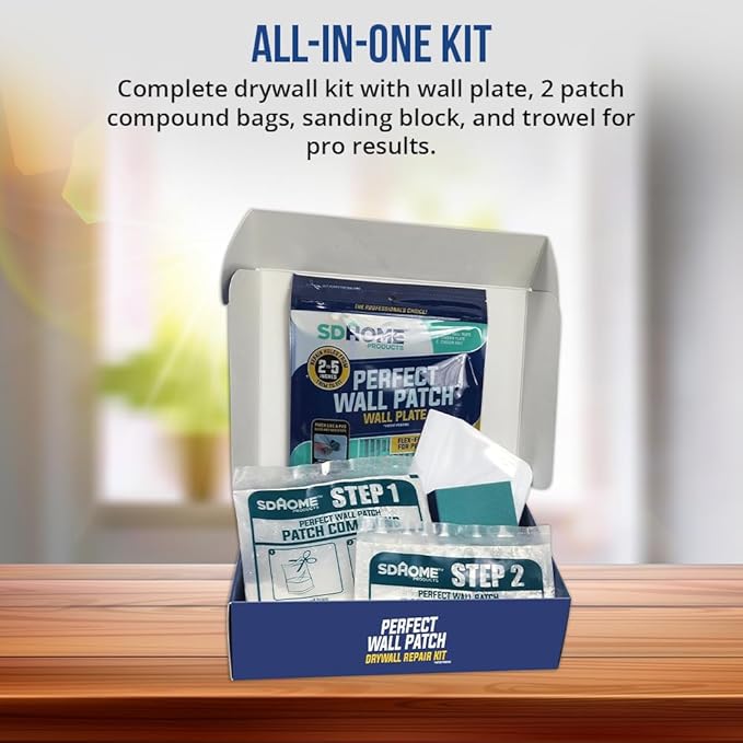 Drywall Repair Kit by SD Home, Fix Large Holes Fast, Wall Plate, 2 Patch Dry Compound Bags, Sanding Block & Trowel, Perfect Drywall Hole Patch Solution, Quick & Easy Filler, Wall Putty, Spackle Paste