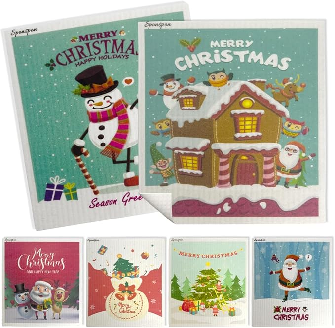 6 - Pack Swedish Kitchen Dish Cloths - Reusable Paper Towels for Counters & Dishes - Eco Friendly Cellulose Sponge Cloth - Assorted (Xmas)