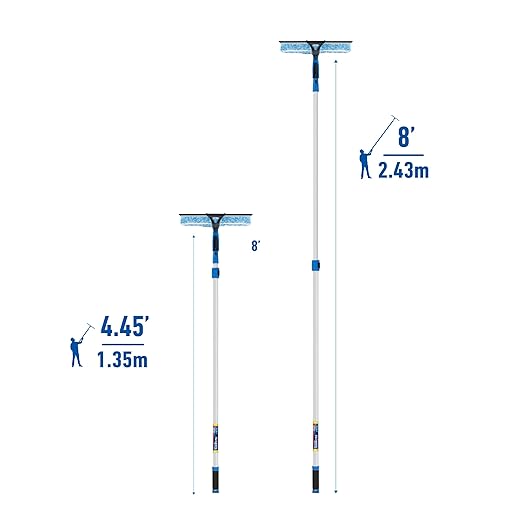 Unger Professional 2-in-1 Squeegee and Scrubber, 14” Window Cleaning Tool and 8’ Connect & Clean Pole, Essential Glass Supplies for Commercial and Residential Use, Microfiber Sleeve