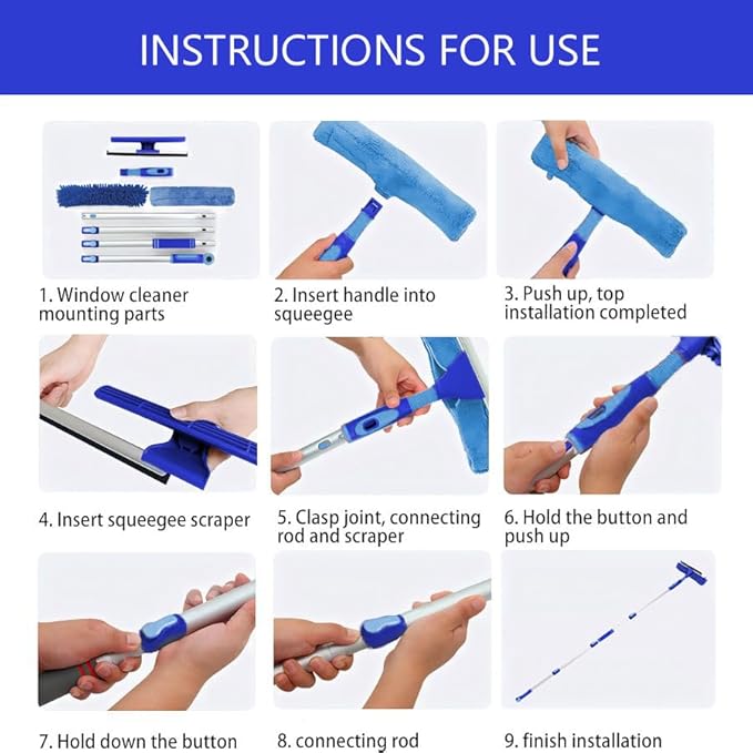 LOMIDA Professional Window Squeegee Kit - 62" Lightweight Aluminum Pole, 2 in 1 Rotatable Window Cleaning Tool Kit with Extension Pole Cleaning with Bendable Head for Car/Shower/High Windows