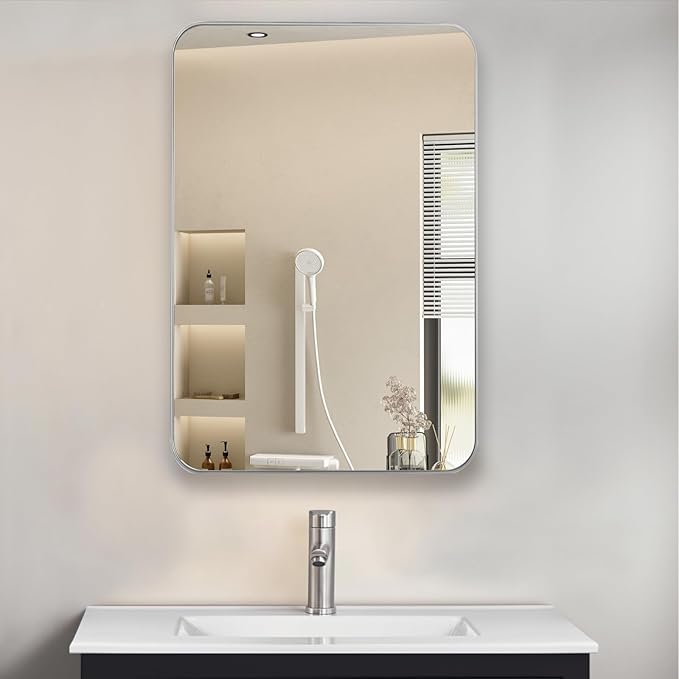 Bathroom Medicine Cabinet,16"x26" Mirror Door with Stainless Steel Brush Nickel Frame,Recessed & Surface Wall Cabinet with Glass Shelves, Rust-Resistant Bathroom Storage Cabinet