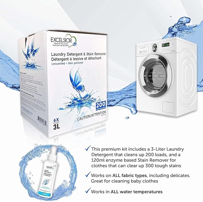Excelsior - Laundry Detergent with Eco Bottle- Concentrated Liquid - Unscented, Biodegradable, Solvent, and Phosphate Free 3 Liter (2, New Packaging)