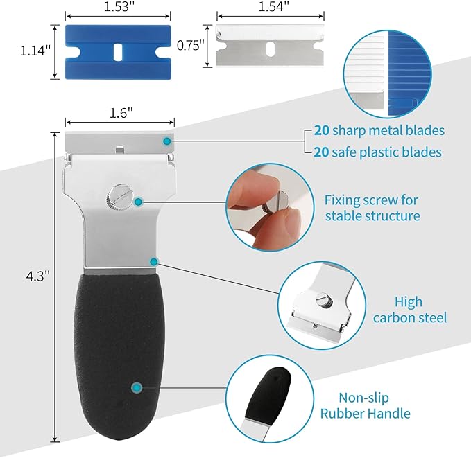 4 Pack Razor Blade Scraper, with 20 Metal & 20 Plastic Blades, Multi-Purpose Cleaning Remover Tool for Glass Caulk, Adhesive, Wall, Stovetop, Paint, Window, Sticker, Tile, Label Decals