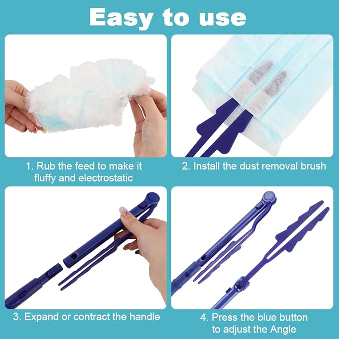 30 Count Heavy Duty Duster Refills with 2 Pcs Handles and Crevice Brushes Starter Kit, Microfibers Multisurface Dusters for Cleaning Home, Celling Fan, Blinds, Vent & Shelves(Blue)