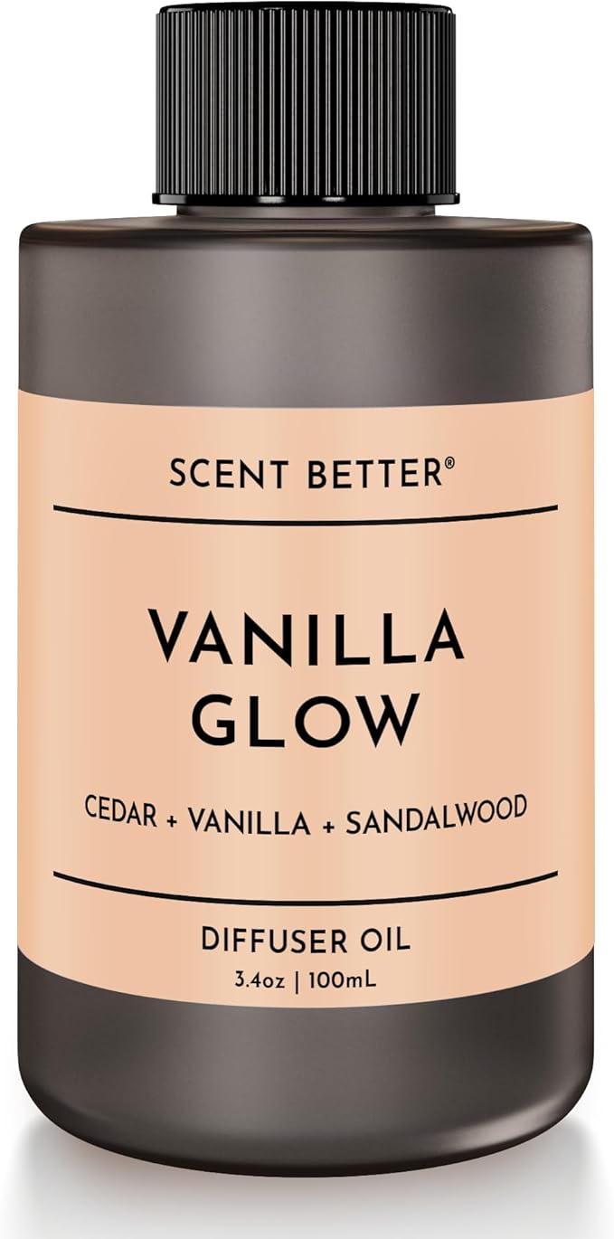 Scent Better Vanilla Glow Aroma Essential Oil Blend: an Aromatherapy Blend of Vanilla, Amber, and Sandalwood for Ultrasonic Diffusers & Nebulizers (3.3 Fl Oz, 100 mL)