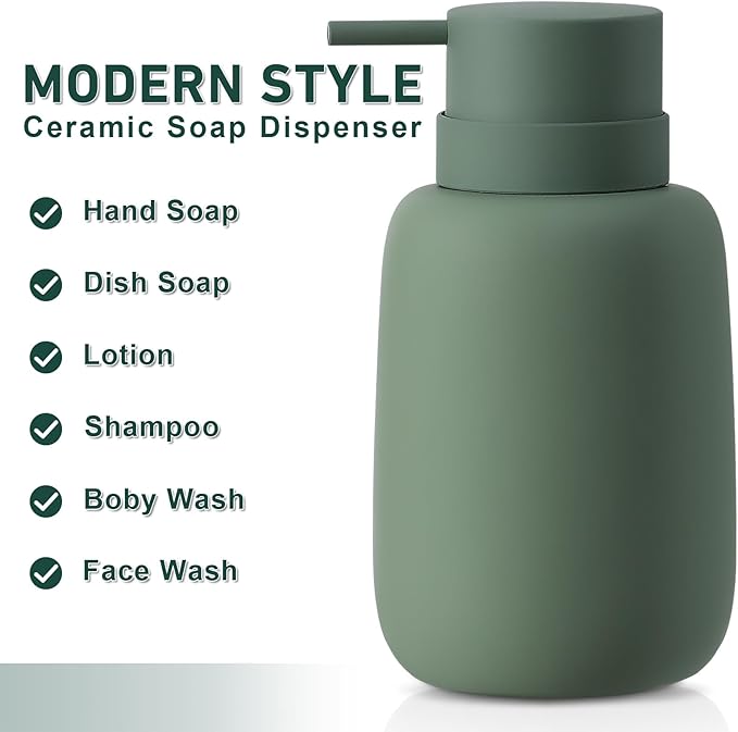 Green Soap Dispenser Bathroom,Ceramic Soap Dispenser Lotion Pump Dish Soap Dispenser for Kitchen,16oz Refillable Liquid Hand Wash Dispenser for Bathroom (Rubber Paint)