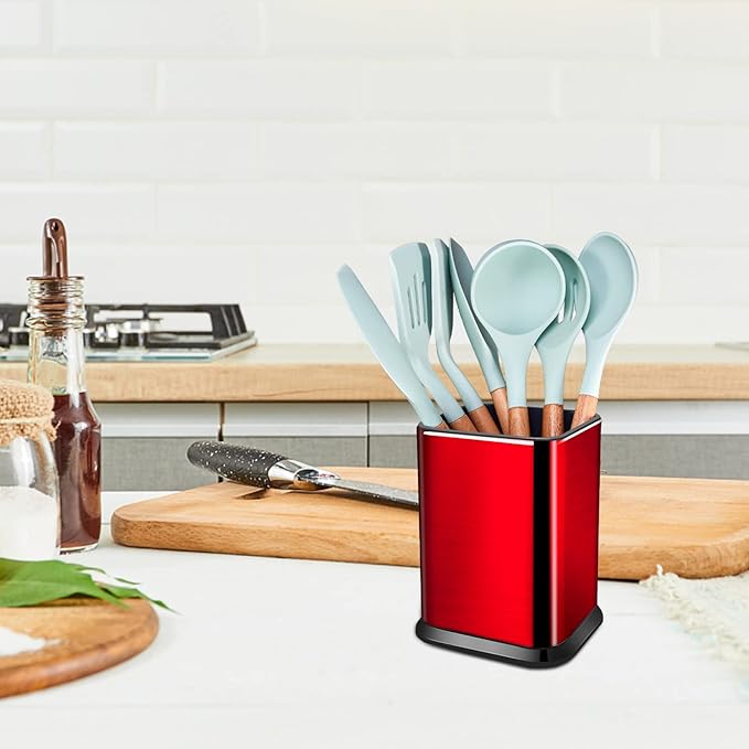 RedCall Stainless Steel Kitchen Utensil Holder for Countertop, Spoon Spatula Organizer,Modern Rectangular Large Cooking Utensil Caddy Counter,Utensil Crock (Stainless Steel Red)