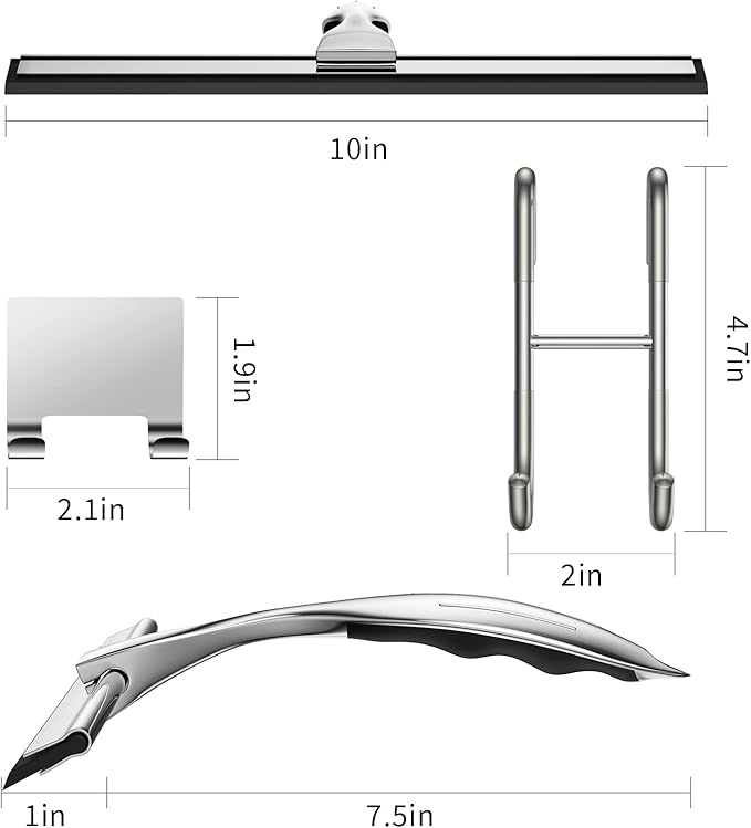 Shower Squeegee Set, 10-Inch Stainless Steel Squeegee for Bathroom, Shower Doors, Mirrors, Tiles, and Car Windows - 100% Streak Free, Includes Shower Door Hook, Adhesive Hook and Spare Silicone Blade