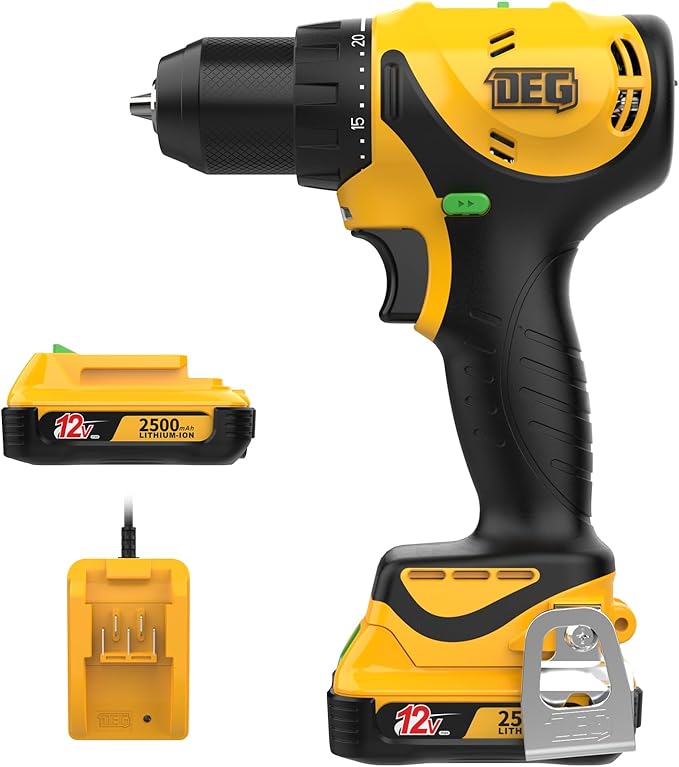 12V MAX Cordless Drill,Electric Power Drill Set with Battery & Charger, 3/8-Inch Keyless Chuck, 2 Variable Speed, 20+1 Torque Setting Power Tools Kit