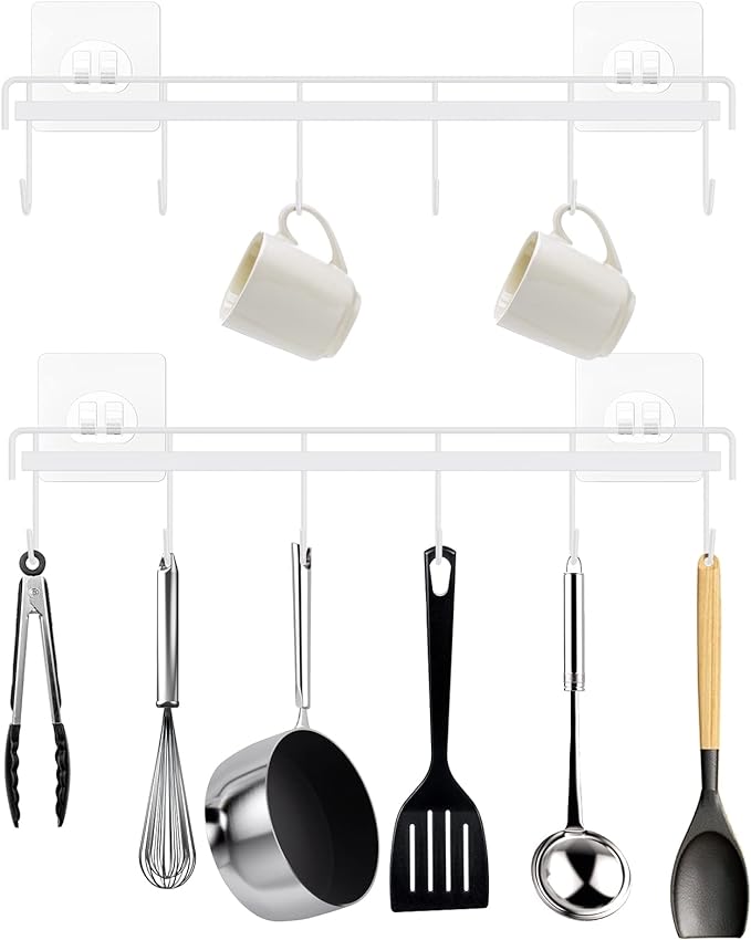 Kitchen Utensil Hanger, Adhesive Utensil Holder Wall Mount Kitchen Rack Rail with 12 Hooks, Space Saving and No Drilling, White, 2 Pcs