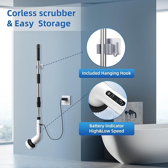 Electric Spin Scrubber Bathroom - Adjustable Handle Cordless Shower Scrubber, 2 Speeds, Bathroom Scrubber with 8 Replaceable Brush Heads, Power Scrubber for Bathtub Cleaning