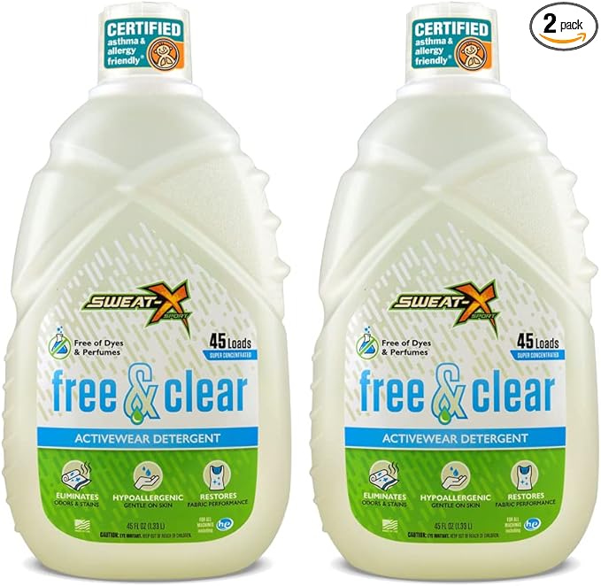 Sweat X Free & Clear Activewear Laundry Detergent – Certified Asthma & Allergy Friendly® – Hypoallergenic – Removes Toughest Stains & Odors – High-Performance Sports Wash – 45 Loads/Bottle – 2 Pack