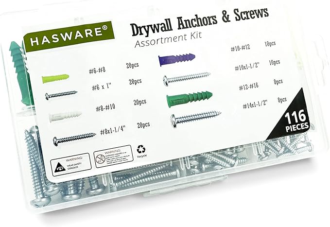 HASWARE Plastic Drywall Wall Anchors Screw Assortment Kit 116PCS-Includes 4 Different Size Anchors and Screws,Wall Plug Bolts Expansion Bolt for Wallboard Concrete Pciture Hanging
