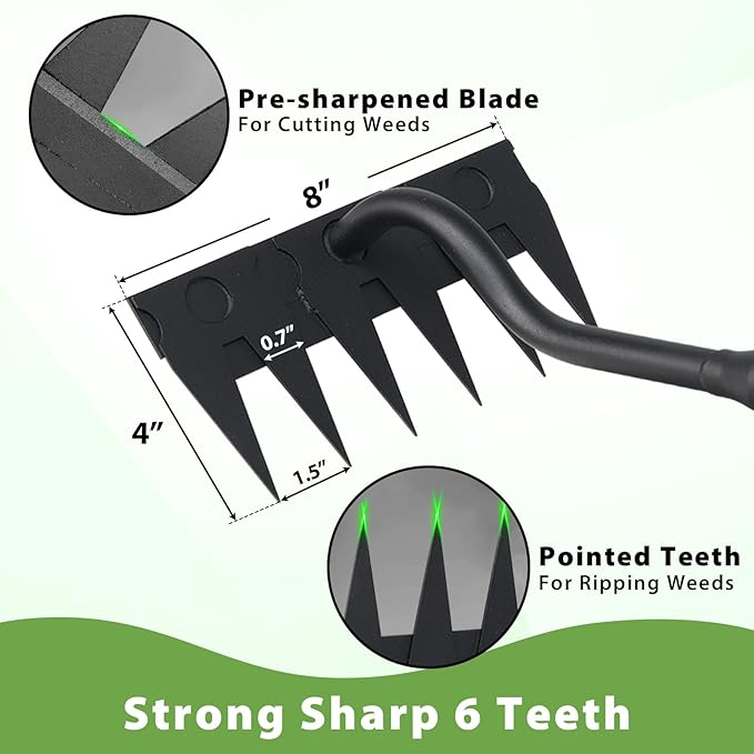 Manual Weeder Tool,6 Tines Garden Weeding Rake with Sharp Blade,55 Inch Long Handle,Heavy Duty Stand Weeding Tool for Weeding Loosening Soil Gathering Leaf Leveling Thatch Rake