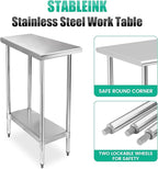 STABLEINK NSF Stainless Steel Table 30 x 12 Inches, Metal Prep & Work Table with Adjustable Undershelf, for Commercial Kitchen, Restaurant, Hotel and Garage，Small Tables
