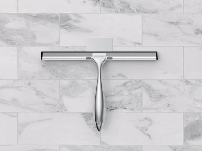 12'' Light Weight Stainless Steel Shower Squeegee for Glass Doors with 4 Pieces Set (1 Window Squeegee, 1 Door Hook and 2 Adhesive Hooks) Perfect Cleaning Tool for Car, Window, Bathroom Mirror