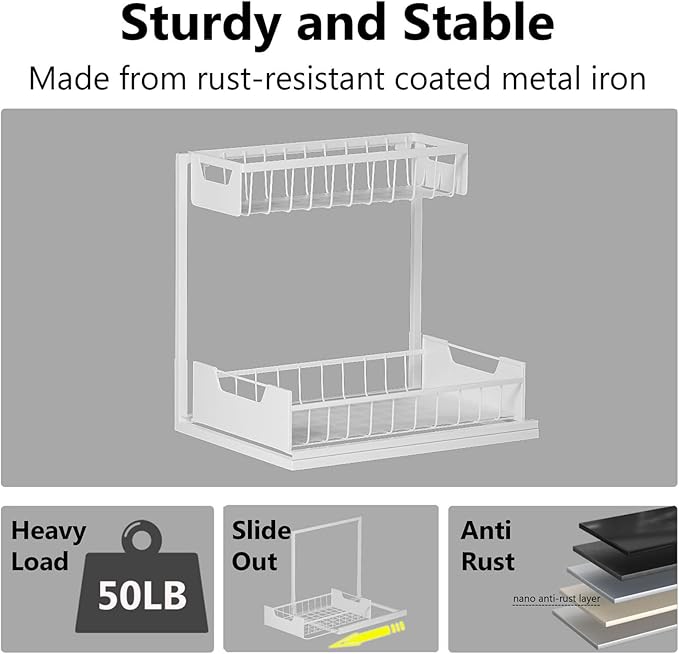 Under Kitchen Sink Organizers and Storage Pull Out 2 Tier Metal Bathroom Cabinet Organizer (White, 2 Pack)