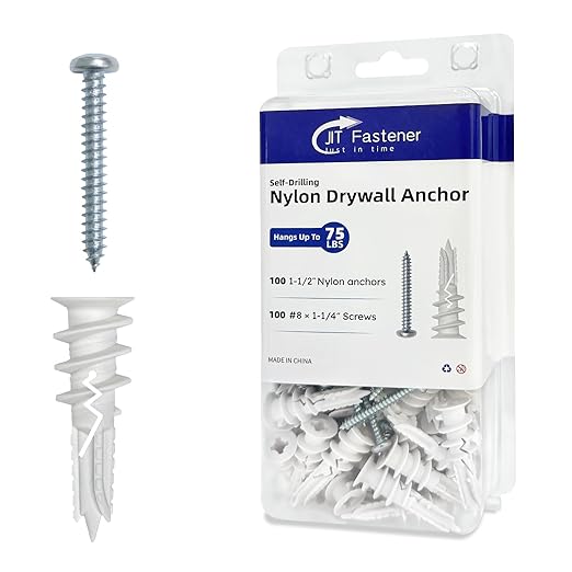 #8 x 1-1/2" Nylon Self-Drilling Drywall Anchors with Screws (100 Anchors+100 Screws), No Pre Drill Hole Required, Hold Up to 75 Lbs