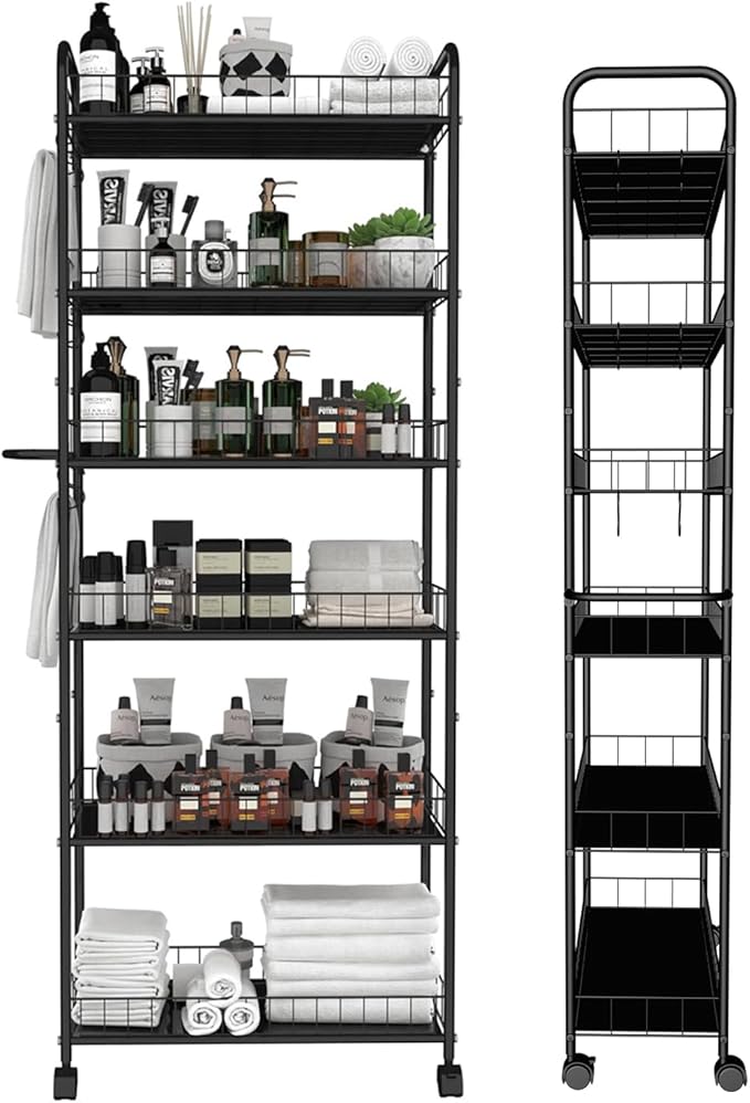 6 Tier 10in Slim Rolling Storage Cart with Handle, Mobile Shelving Unit with Wheels, Metal Wire Storage Rack with Baskets for Kitchen Bathroom Office Laundry Narrow Piaces