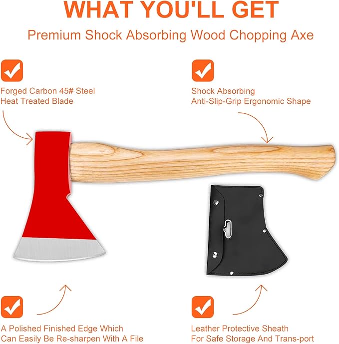 15” Chopping Axe with Sheath, Small Camping Hatchet Hand Axe for Wood Splitting, Outdoor Bushcraft Axe Tools for Hiking Gardening with Anti-Slip Handle