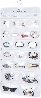 Freegrace Hanging Jewelry Organizer with Secure Zipper Closure - 360° Revolving Hanger, 25 Clear Pockets, 23 Necklace Hooks - Foldable Travel Storage & Closet Display (White)