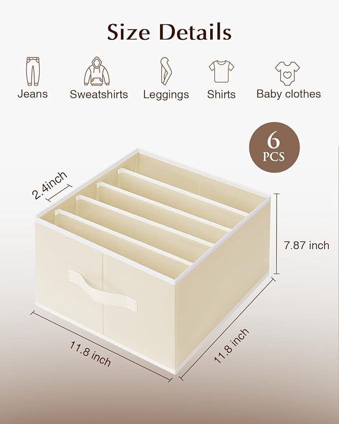 Clothes Organizers and Storage - Fabric Jeans Organizer with Handles, Foldable Drawer Dividers for Clothes, Closet Shelf Organizer for Shirts, Bra, Sweater, Scarf, 6 Pack, Pale Yellow