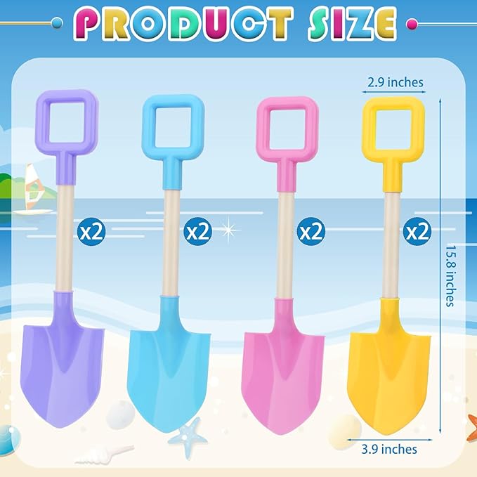 Mototo 8 Pack 16 Inch Beach Shovels Large Beach Spades Multicolor Sand Shovels with Wooden Handle Plastic Shovel for Digging Beach Sandbox Snow Garden Toys Set for Kids Adults (8 Pack, Light Series)