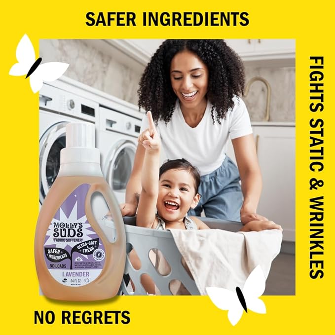 Molly’s Suds Fabric Softener Liquid for Sensitive Skin | Vinegar-Powered, Infused with Essential Oils | Fights Static, Reduces Wrinkles, Deodorizes | Lavender, 50 Loads